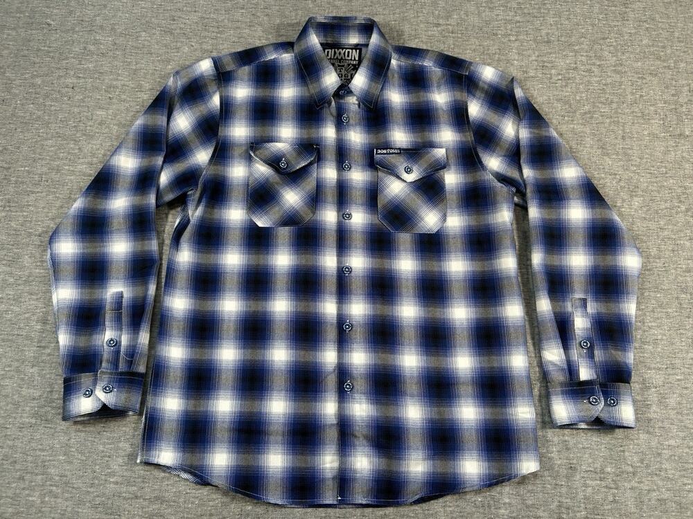 Dixxon Dogtown Flannel Shirt Mens Large Blue White Plaid Skateboard Button-Down